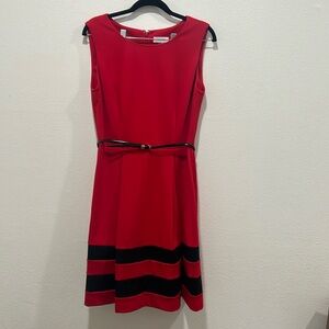 Calvin Klein Red Sleeveless Striped Hem Belted Fit and Flare Dress